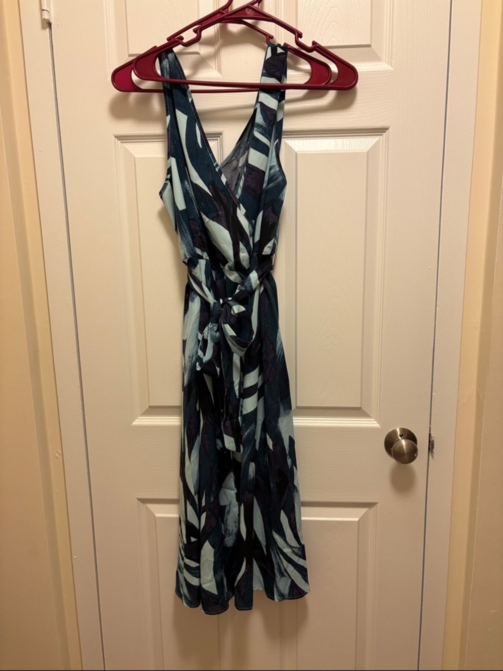 Women’s Sleeveless Print Wrap Dress in Teal and Navy